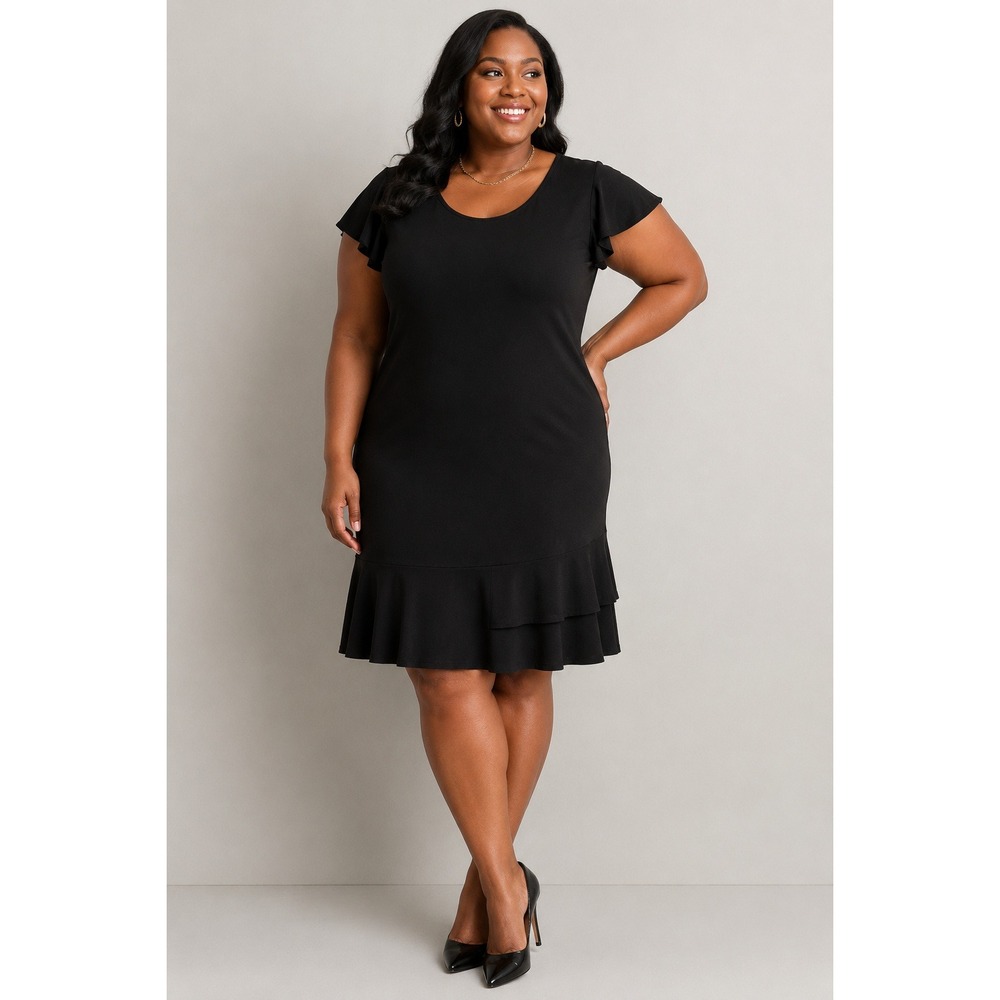NEW Tahari Black Ruffle Hem‎ Flutter Sleeve Shift Dress Plus Size 3X